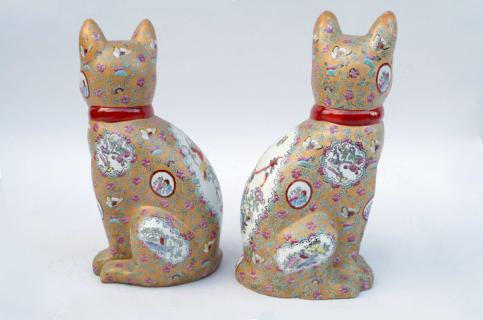 canton style porcelain sculptures cats