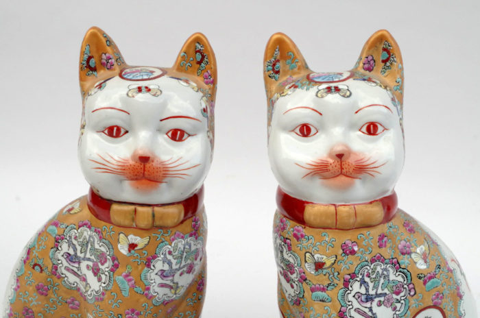 canton style porcelain sculptures cats