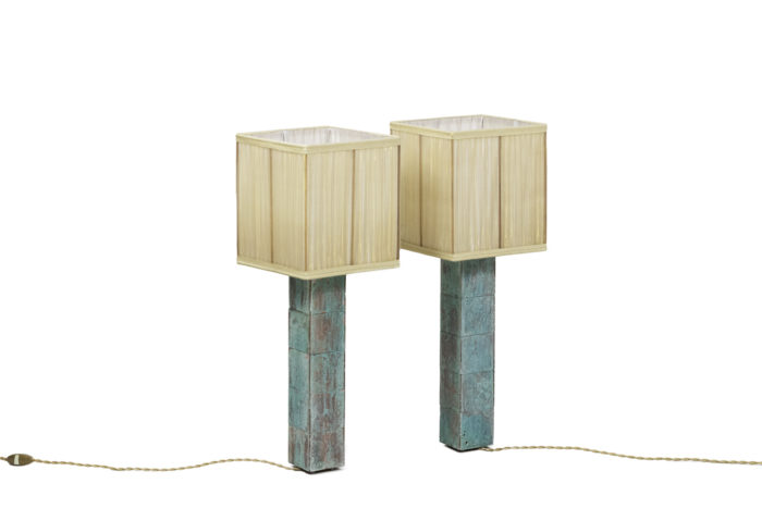 lampes cube laiton patiné turquoise