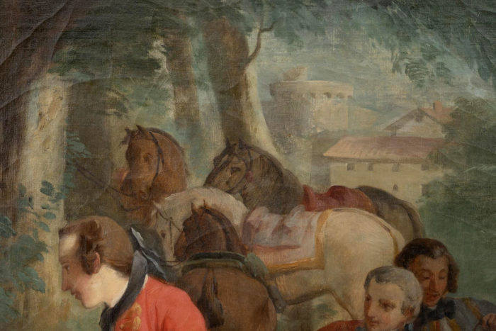 painting van loo halte de chasse french school horses