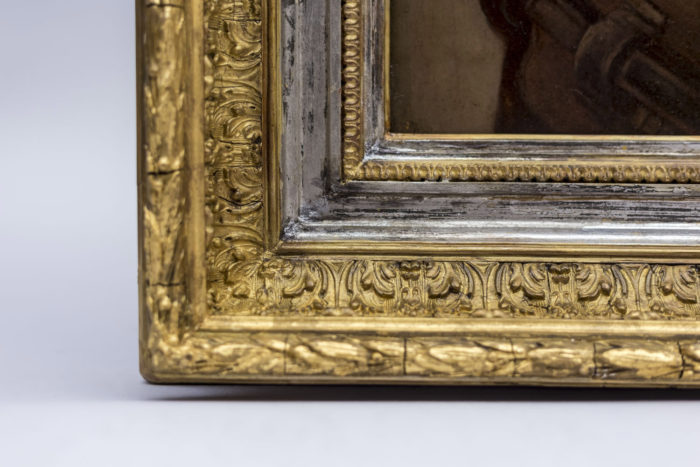 p. robert oil on panel carved golden and silver frame