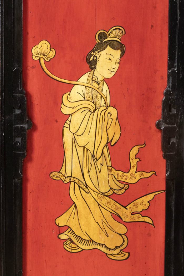 red an gold lacquered panel chinese woman