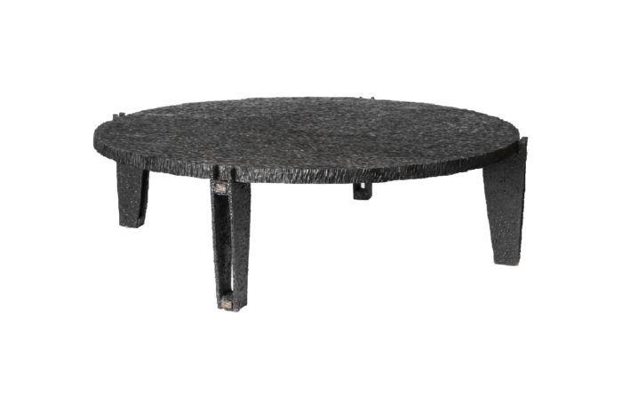 table basse ronde métal bois gougé