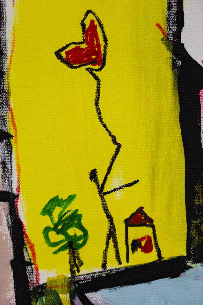 Me Oyes-Ayer Paso, Dimitris Pavlopoulos, détail acrylique sur toile, fond jaune 1