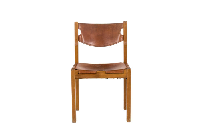 Maison Regain, Series of six chairs in elm and leather 1