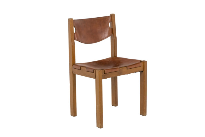 Maison Regain, Series of six chairs in elm and leather 2