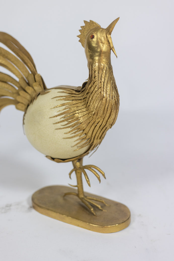 Rooster in ostrich egg and golden brass, 1970s - focus
