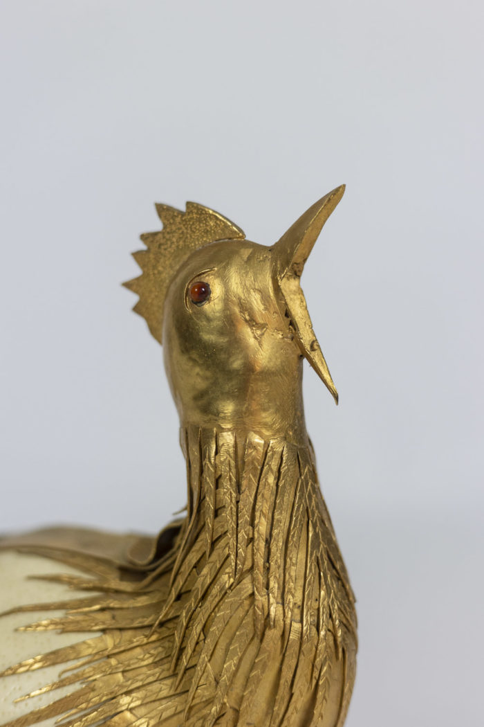 Rooster in ostrich egg and golden brass, 1970s - gueule ouverte