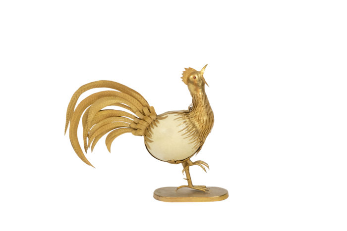Rooster in ostrich egg and golden brass, 1970s - profile