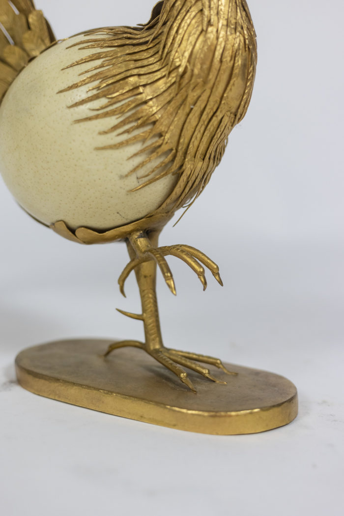 Rooster in ostrich egg and golden brass, 1970s - base
