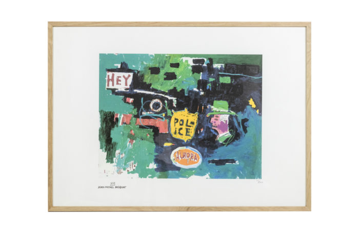 Jean-Michel Basquiat - Abstract screen print in green and blue tones, in its blond oak frame. - face