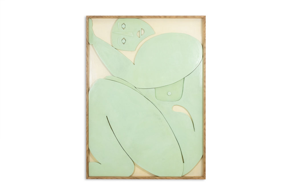 Sculpted panel in celadon-colored lacquer. Contemporary.