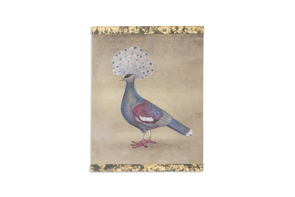 Painted canvas representing a crested pigeon. Contemporary.