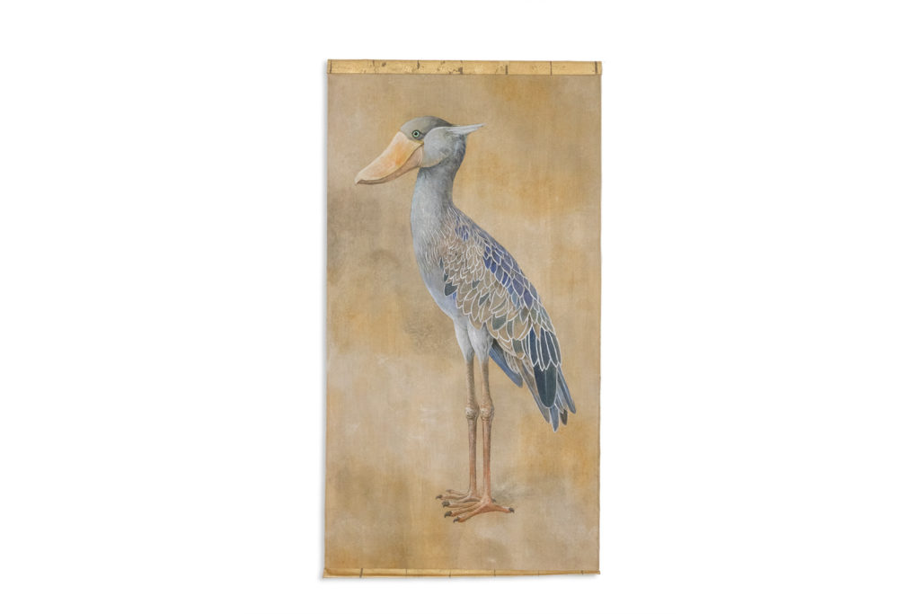 Painted canvas representing a Nile shoebill. Contemporary.