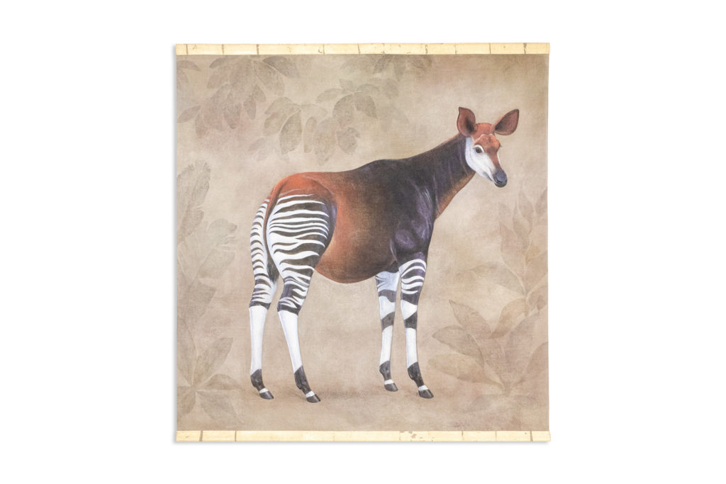 Toile peinte représentant un okapi sur un fond gris. Contemporain.