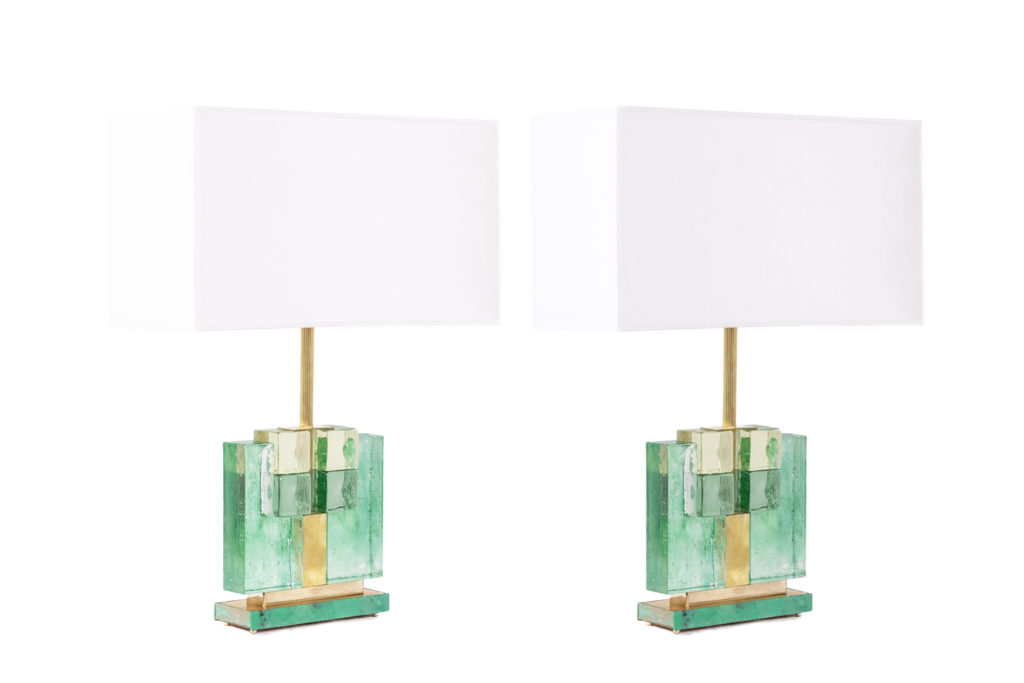 Pair of Murano glass lamps, iridescent green. 20th-21st century.