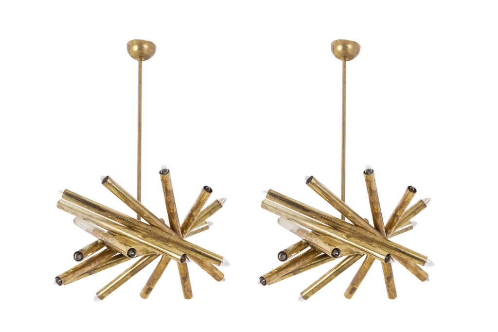 Pair of matte gilded brass chandeliers. Italian work from the 1970s.