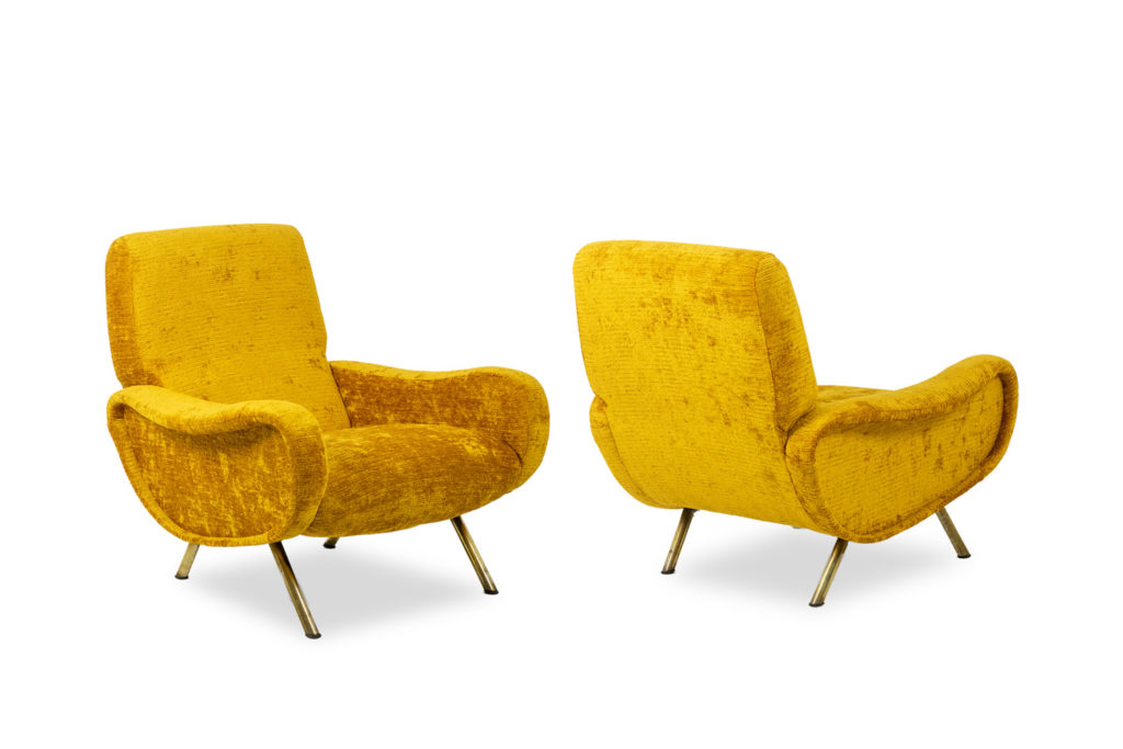 Marco Zanuso for Artflex. Yellow and gilded brass armchairs. 1950s.