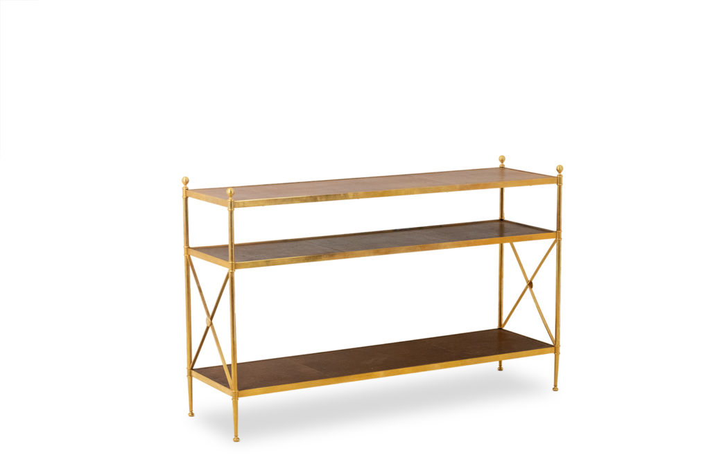 Maison Jansen. Console in gilded brass and tan leather. 1970s.